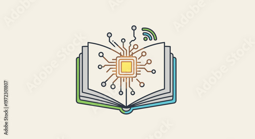 Open book with integrated circuit representing technology and education