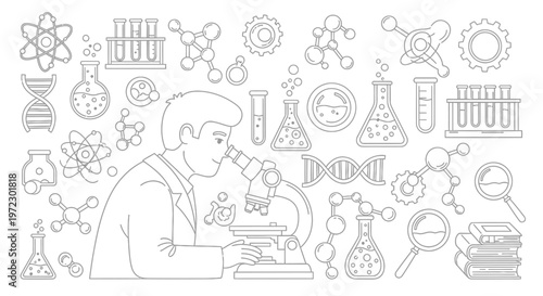 Scientist Researching With Microscope, Science Lab Equipment, Molecular Structures