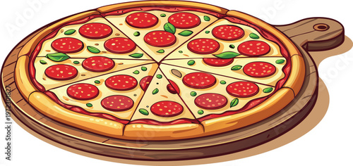 A high-quality vector illustration of a classic pepperoni pizza on a wooden board.