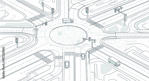 Overhead view of a detailed city roundabout illustration with vehicles and traffic signals