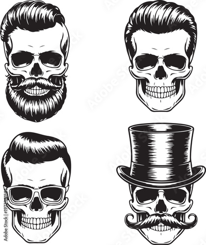 Four stylish skulls with distinctive vintage-inspired facial features and accessories