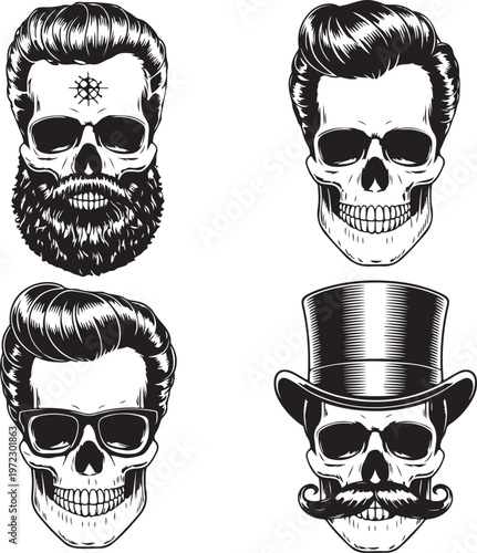 Four stylish skulls with distinct facial hair and accessories in black and white