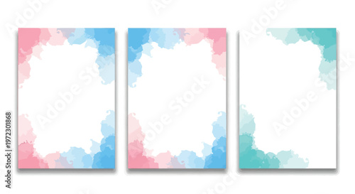 Three rectangular frames featuring artistic watercolor patterns in soft blue pink and teal hues Vector