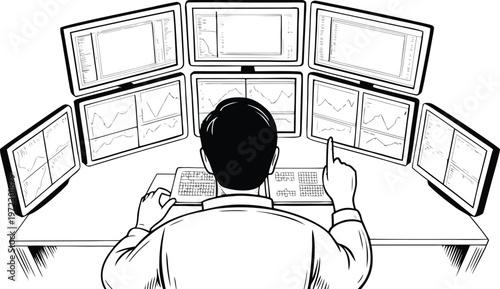 A high-angle, black and white vector line illustration of a financial day trader, seen from the back, sitting at a desk and pointing at a six-monitor multi-screen trading station.