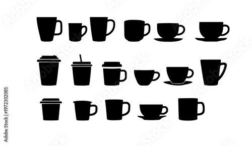 Black coffee cup silhouettes, 17 minimalist mug icons set, assorted tea cups and takeaway coffee containers, flat vector drinkware collection