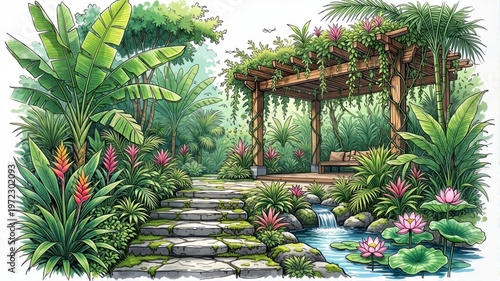 Tropical garden path winds through lush greenery to the gazebo. Sketch.