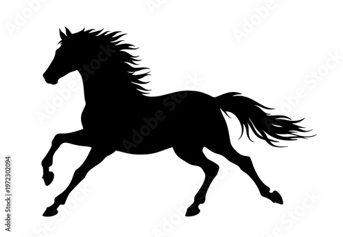 Galloping horse silhouette, black stallion running vector illustration, wild mustang equine profile, majestic animal in motion on white background
