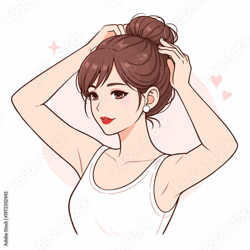 Cute anime girl with brown hair in messy top bun, elegant pose with hands in hair, wearing white tank top and pearl earrings, flat vector illustration on soft pink background with hearts and sparkles
