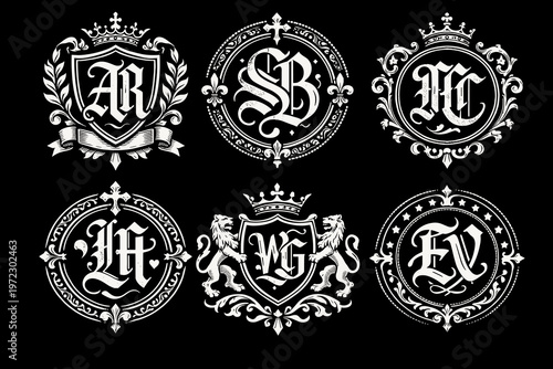 Set of elegant vintage monogram logos with ornate frames, crowns, lions and floral elements — AR, SB, MC, LH, WG, EV, black and white crest design