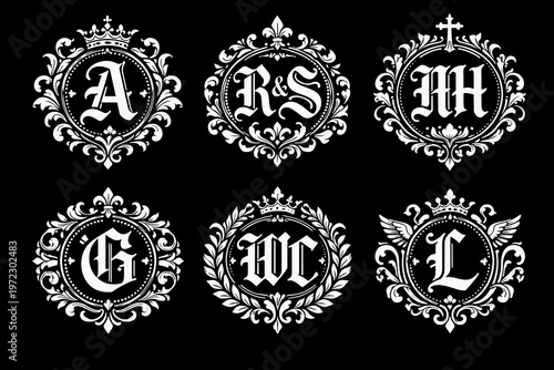 Elegant Black and White Vintage Heraldic Monogram Set - Ornate Gothic Initial Crests with Crowns, Laurel Wreaths and Luxury Royal Emblems