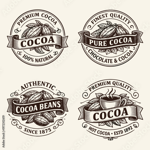 Vintage Style Cocoa and Chocolate Logos Collection – Four Ornate Circular Badges with Cocoa Beans, Ribbons and Detailed Typography on Light Beige Background