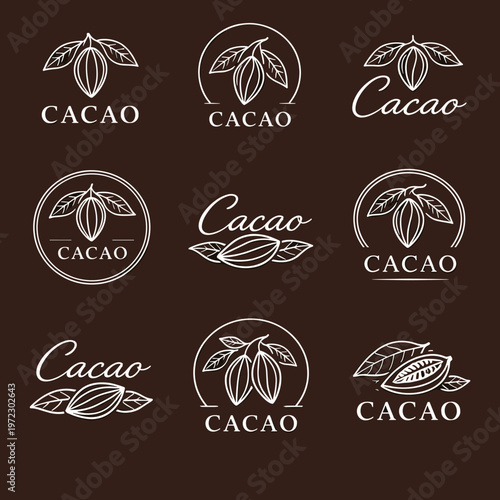 Elegant White Cacao and Cocoa Bean Logos Collection – Minimalist Vintage Style on Dark Brown Background