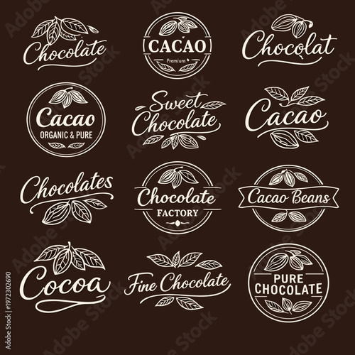 Set of 12 Vintage Chocolate and Cacao Logos – Classic White Labels with Cacao Pods and Leaves on Dark Brown Background