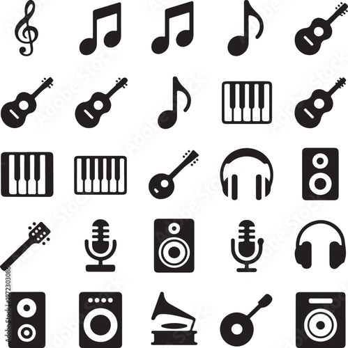 Collection of icons representing various musical instruments and audio equipment