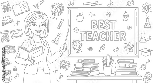 Happy Teacher with Books and School Supplies, Best Teacher