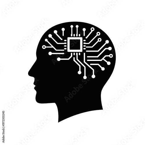 Black Silhouette Human Head Profile with White Circuit Board Brain and Central AI Chip on White Background
