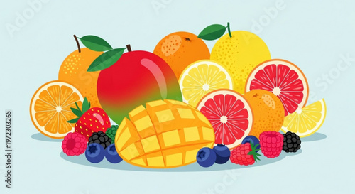 Vibrant colorful fruit assortment with sliced citrus fruits and berries on a light blue background