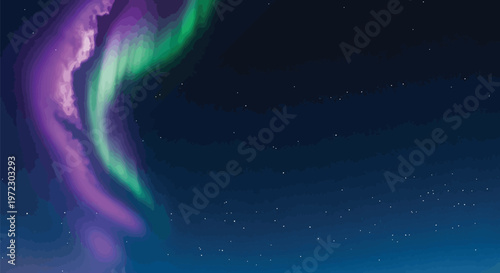 A vibrant display of aurora borealis lighting up the dark night sky with purple and green colors Vector