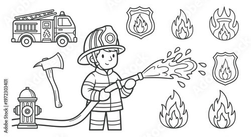Firefighter Coloring Page: Kid, Truck, Axe, Hydrant, Flames, Shields