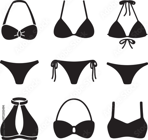 Varied styles of black swimwear and bikini tops in flat design illustration