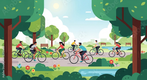 Group of people cycling together on a sunny day in a park with trees and flowers
