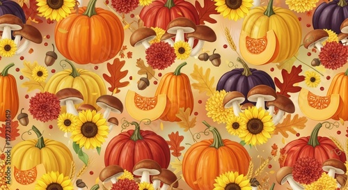 Autumn Harvest Pattern With Pumpkins Sunflowers Acorns And Mushrooms In Warm Colors