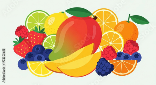 Colorful illustration of assorted fresh fruits including apples bananas citrus fruits berries and more on a light background