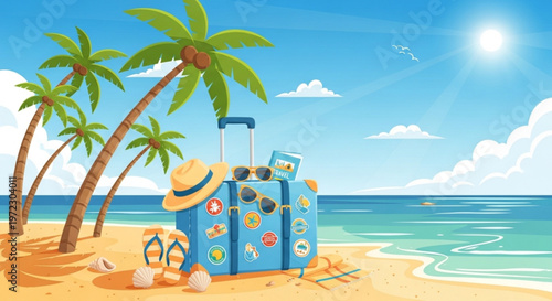 Vibrant beach scene with blue luggage palm trees and sunny sky perfect for travel and vacation concepts
