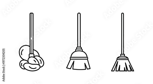 A collection of stylized line art icons depicting different types of brooms and cleaning tools for household chores and maintenance