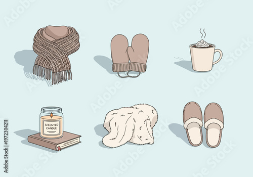 Cozy winter scene with scarf, gloves, mug, book, and slippers on a flat surface