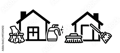 House cleaning services and tools represented by icons showing brushes, mops, and steam cleaners next to houses