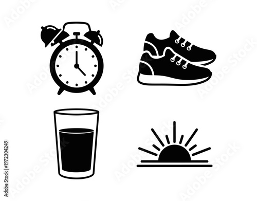A collection of icons depicting morning routine elements alarm clock, running shoes, a glass of water, and a sunrise