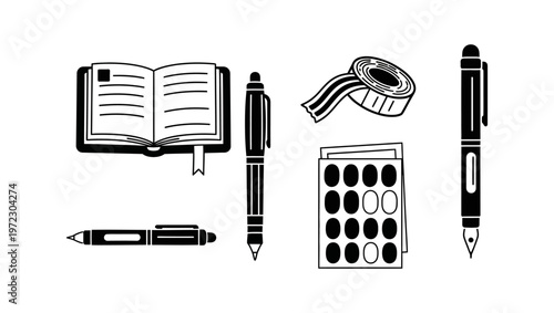 Monochrome flat icon set of essential stationery, including pens, an open notebook, adhesive tape, and stickers, perfect for school or office supply designs