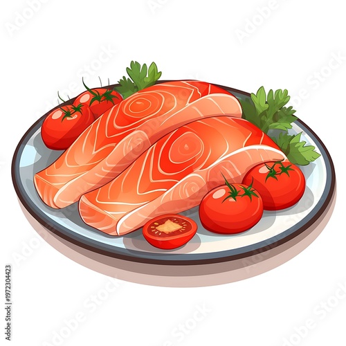 Colorful Salmon and Tomato Dish Cartoon Illustration