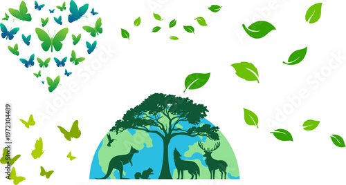 Eco-friendly nature vector set, green leaves and butterfly heart icons, wildlife globe with tree and animal silhouettes for environmental conservation