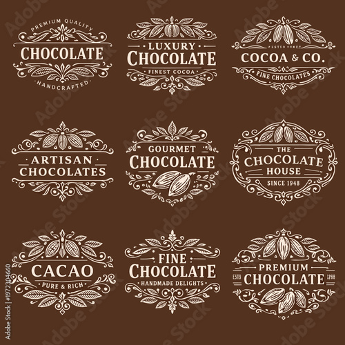 Set of 9 Vintage Chocolate and Cocoa Logos – Ornate Luxury Labels with Cacao Beans and Decorative Frames