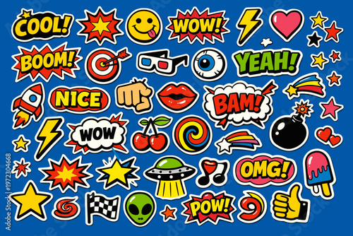 Big Set of Vibrant Comic Pop Art Stickers on Blue Background – Wow, Boom, Cool, OMG, Stars, Lightning and Fun Elements