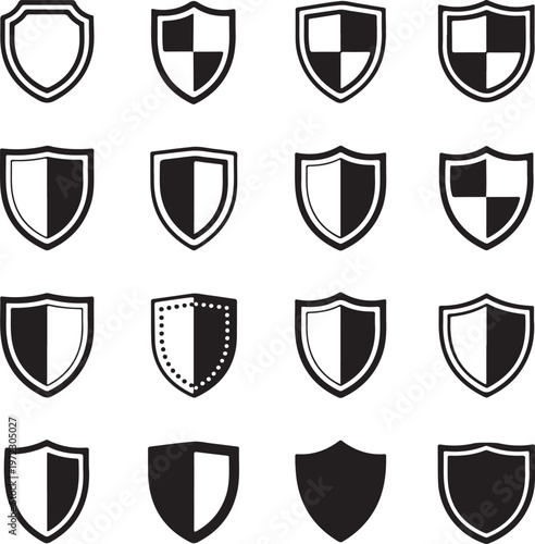 A collection of heraldic shields with various traditional designs and patterns