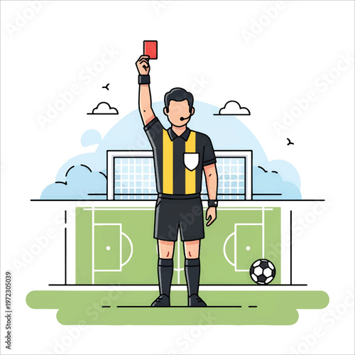 Illustration of a football soccer referee holding up a red card on a stadium field with goalposts in the background vector design