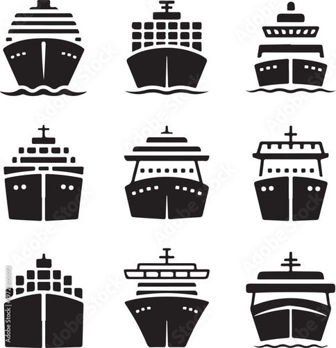 Diverse illustrations of various types of cruise and cargo ships on the water