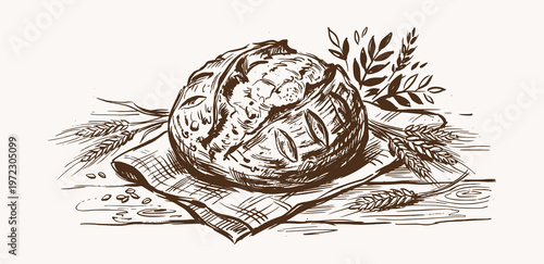 Sourdough bread boule vector illustration drawing, vintage rustic hand-drawn sketch style artisan bakery organic loaf with wheat stalks
