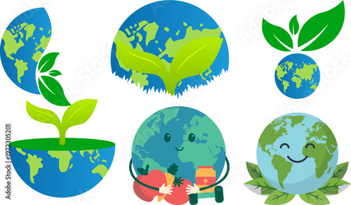 Eco-friendly earth day vector icons, green planet globe with growing leaves, sustainable environment world map set for ecology branding