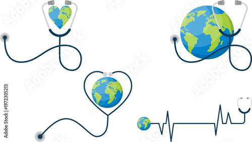 Global healthcare vector icons, stethoscope with earth globe and heart shape, world health day medical symbols, heartbeat pulse line with planet