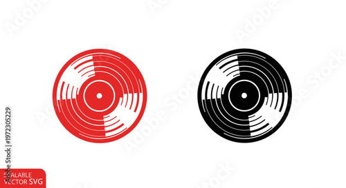 Retro Vinyl Record Icons - Red and Black Circular Music Media