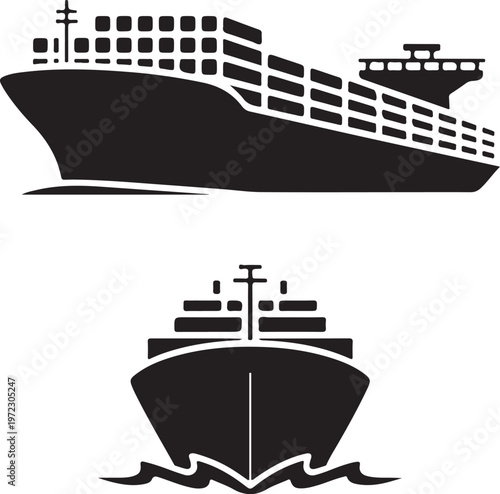 Two different views of large container ships sailing on the ocean