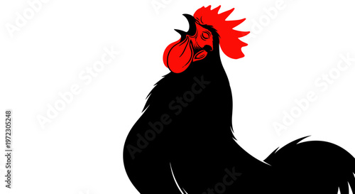 Rooster Crowing Loudly, Black Silhouette with Red Comb, Isolated on White Background