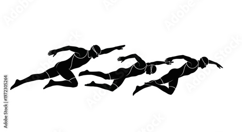 Swimmers Race Silhouette, Synchronized Freestyle Stroke, Athletic Competition