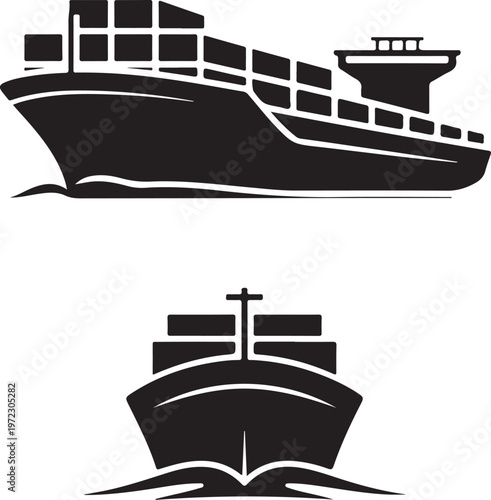 Two different views of large container ships sailing on calm waters