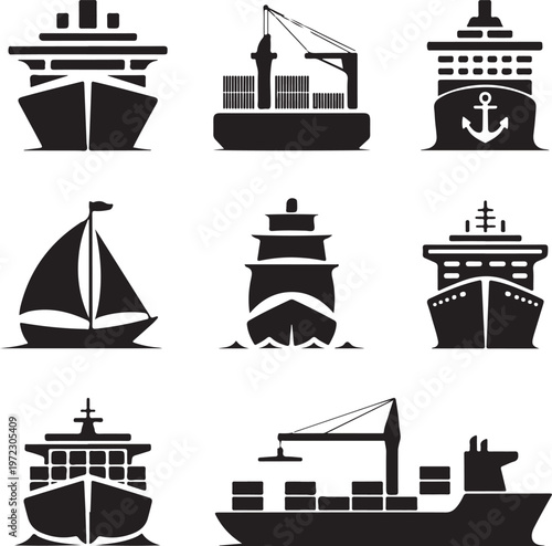 Diverse illustrations of various types of maritime vessels and ships