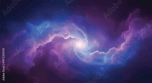 A vibrant swirling galaxy cloud with glowing purple and blue nebulae set against dark space Vector